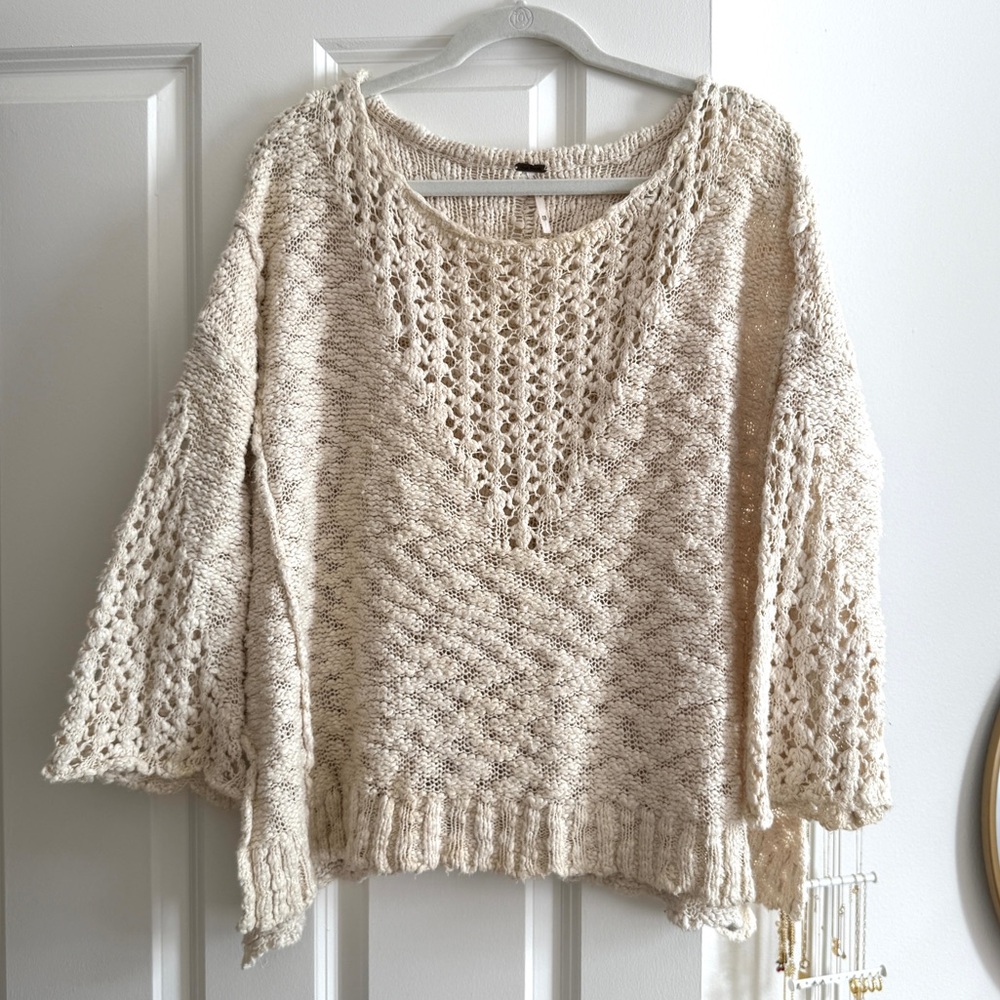 Free People Open Knit Bell Sleeve Sweater in Cream, Size XS